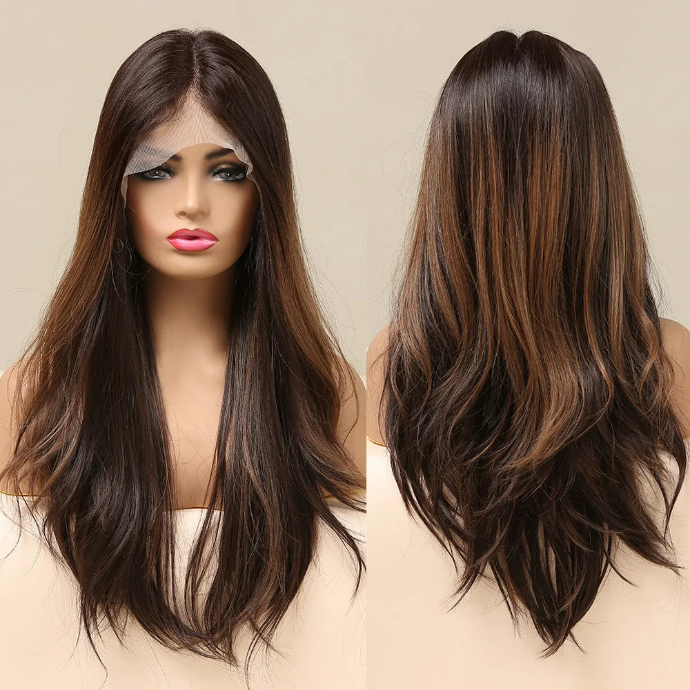 EASIHAIR Lace Front Hair Wigs Brown Long Straight Synthetic Lace Wigs for Black Women Daily Cosplay Party Heat Resistant Fibers