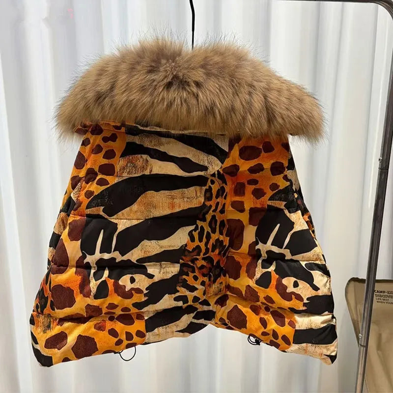 Women's Leopard Print down Jacket European Winter Natural Raccoon Fur Collar Short Warm Duck down Coat