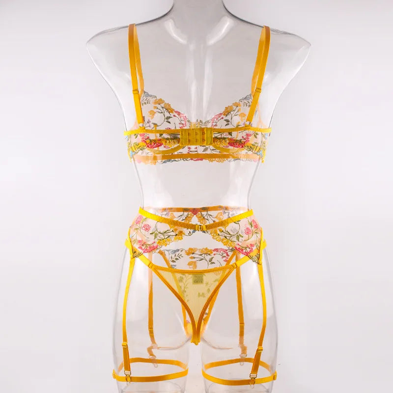 Krasapt Sexy Lace Embroidery 3-Piece Sets Transparent Sensual Fancy Beautiful Bra Brief Set Attractive Intimate Bilizna Outfits