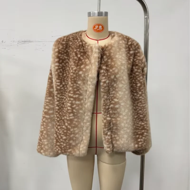 Retro Cute Deer Spot Faux Fur Coat Women Soft Furry Texture Vintage Oversized Jacket 2026 New Warm Elegant Women Street Outwear