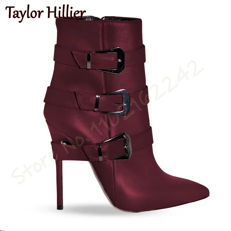 Rose Red Suede Belt Buckle Short Boots Pointed Toe Stiletto Side Zipper Modern Boots Fashion Party Catwalk Luxury Short Boots 46