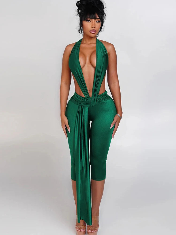 Weird Puss Ribbon Halter Romper Women Backless Patchwork Sleeveless Elastic Workout Activewear Midnight Activity Slim Playsuits