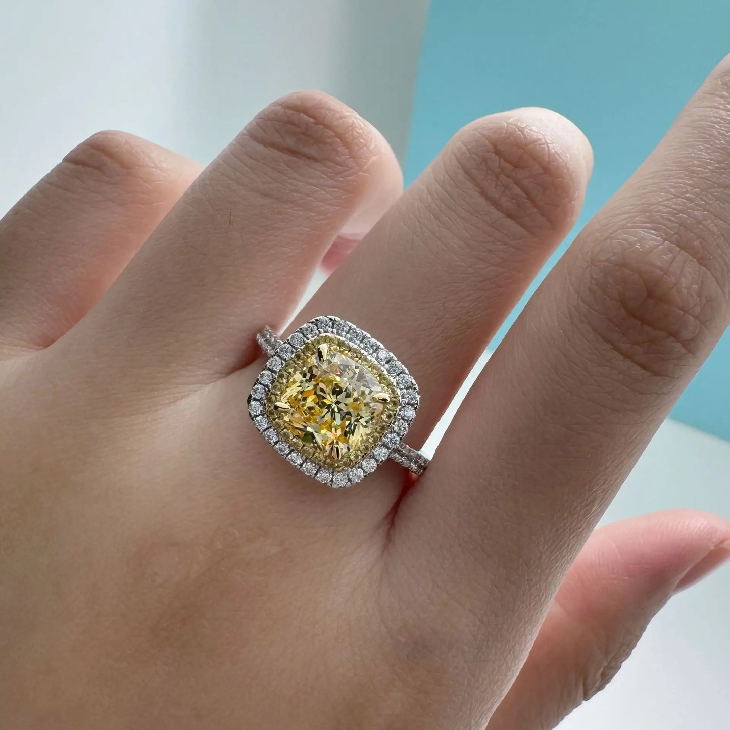 Double ring yellow diamond micro-set ring PT950 platinum, 2.5 carats, women, yellow diamond starlight effect