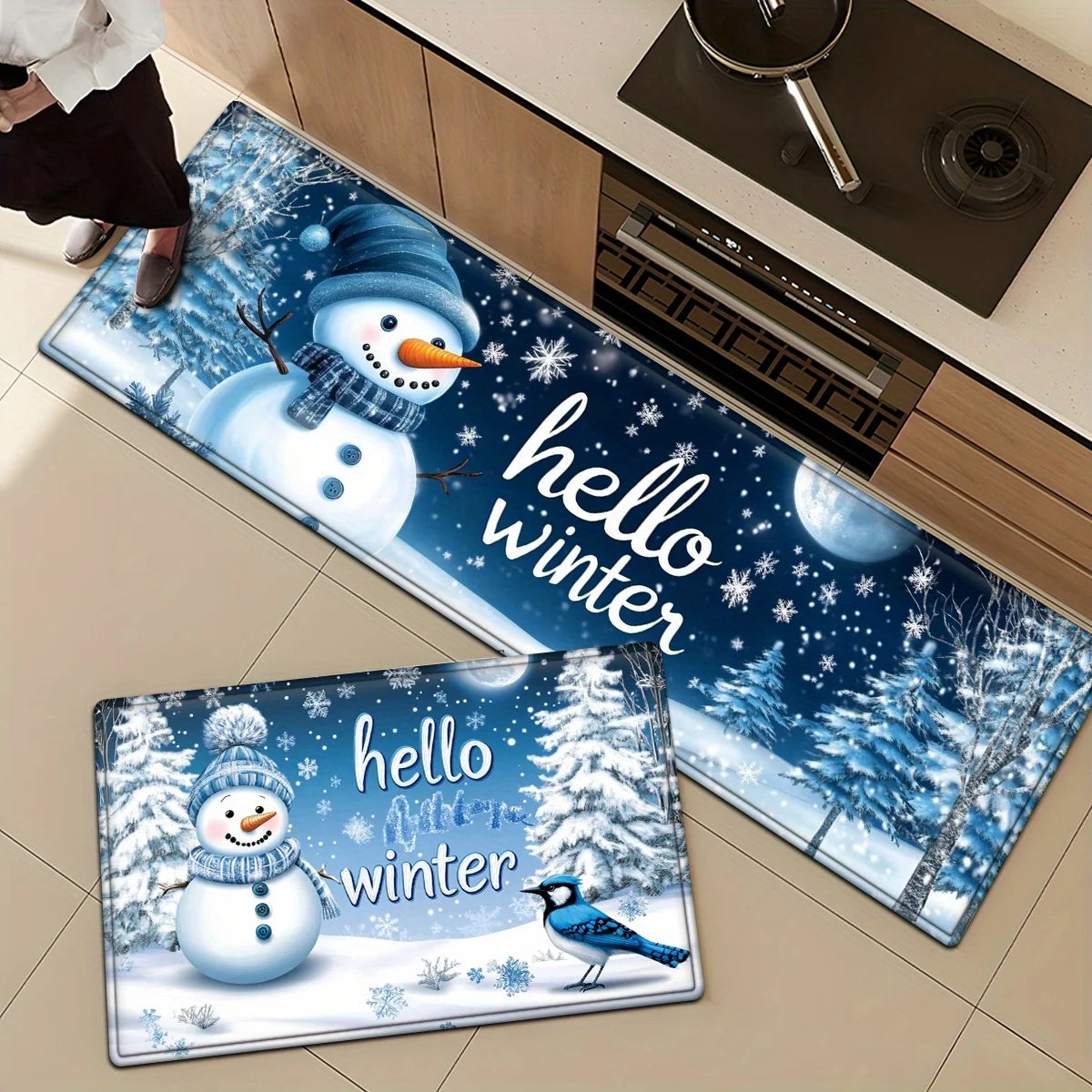 VIKAMA Snowman Forest Bird Snowflake Kitchen Rugs Set Anti Slip Washable Runner for Winter Holiday Kitchen Floor Decor