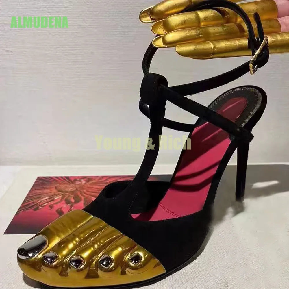 Fashionable Gold Thumb Five Toe Sandals Women Slim High-Heeled Slippers Versatile Temperament Ankle Strap Sandals