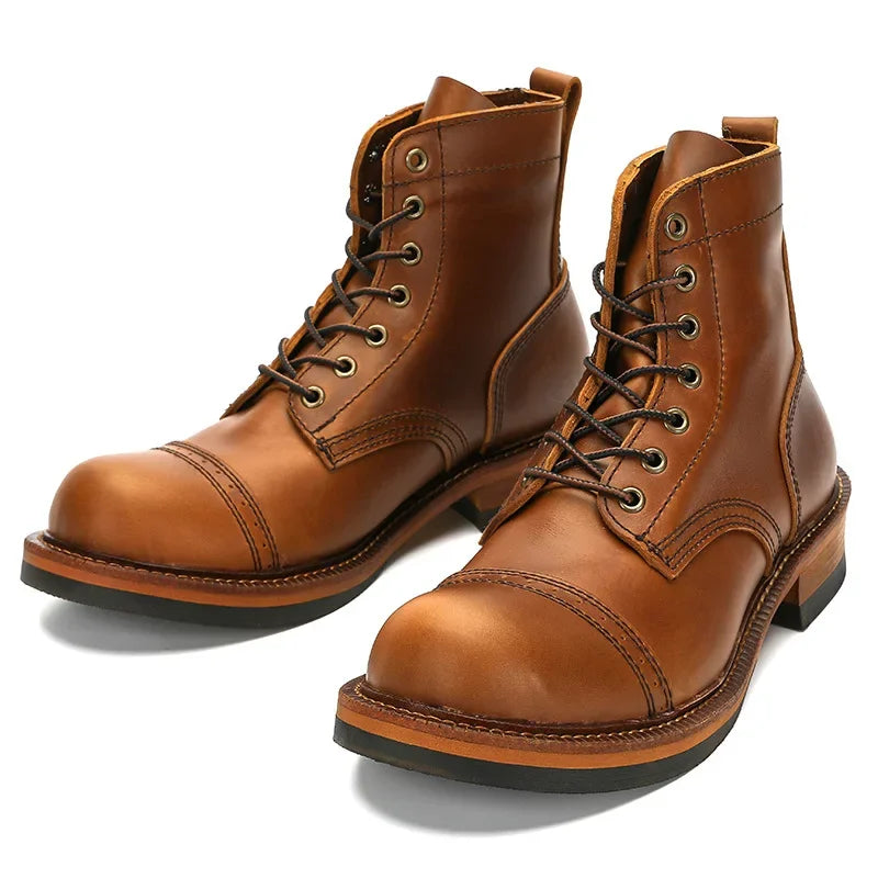 Retro Short Face Men's Winter Wear-resistant Top Layer Cowhide Short Motorcycle Boots