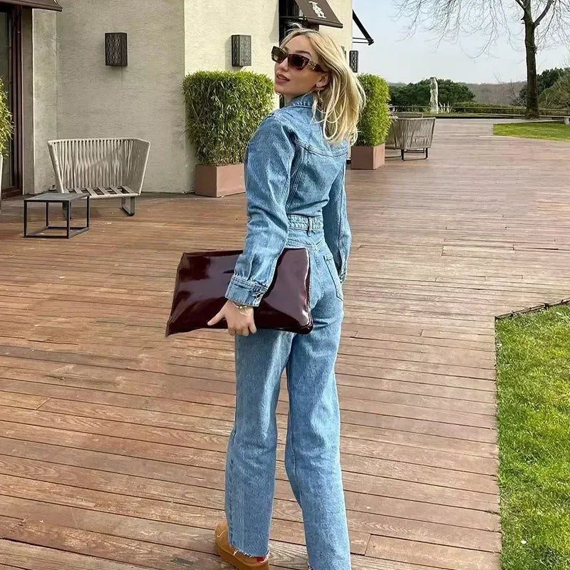 Autumn Denim Jumpsuit for Women Overalls Woman Jean Overalls Long Sleeve Elegant Jumpsuits Y2k Streetwear 2024 Turn Down Collar