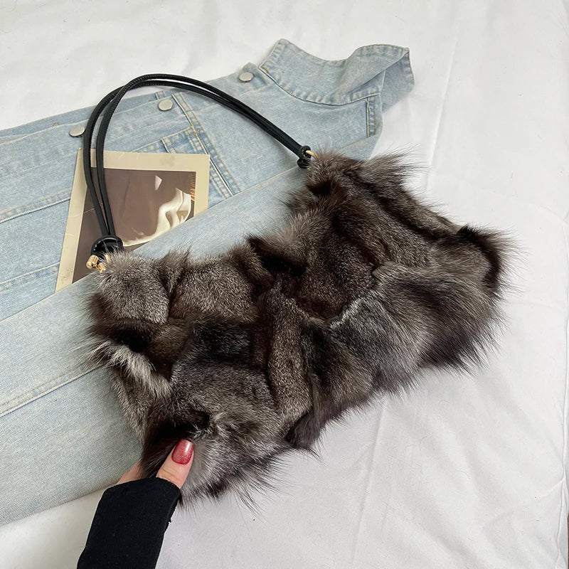 Winter Warm Fox Fur Shoulder Hobo Bags For Women Latest Luxury Designer Purses And Handbags Elegant Evening Bag For Dinner Party