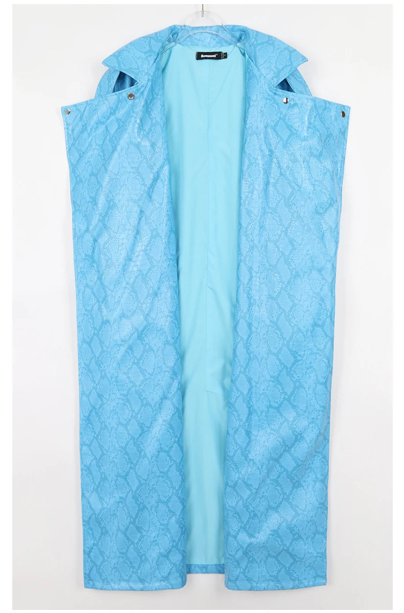 Nerazzurri Spring Autumn Long Oversized Colorful Snakeskin Print Patent Leather Trench Coat for Women Belt Runway Fashion 2022
