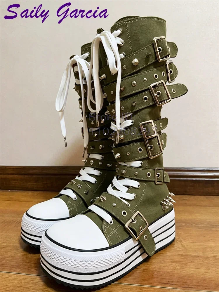 Festival Rave Orange Platform Boots Punk Rivet Buckle Straps Knee High Boots 2026 Fashion Thick Sole Women Shoes Party Footwear