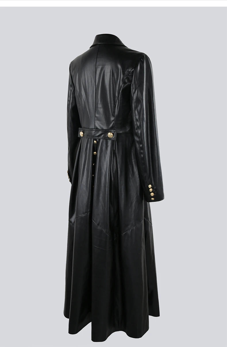 Nerazzurri Extra Long Red Black Pu Leather Trench Coat for Women with Gold Button Double Breasted Luxury Elegant Chic Overcoat