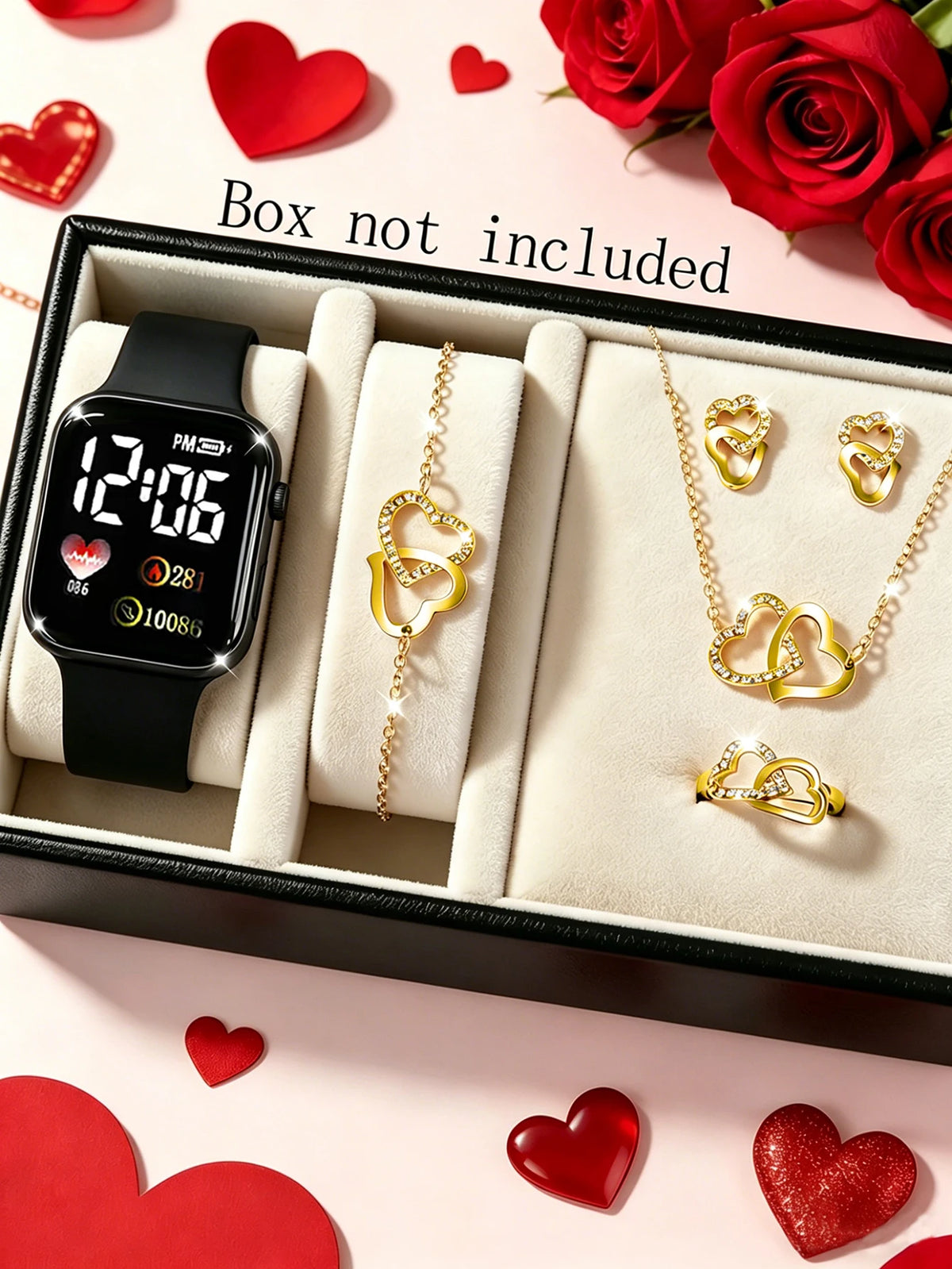 Square Watch Silicone Strap Heart-Shaped Jewelry Set No Packaging Box Birthday Gift