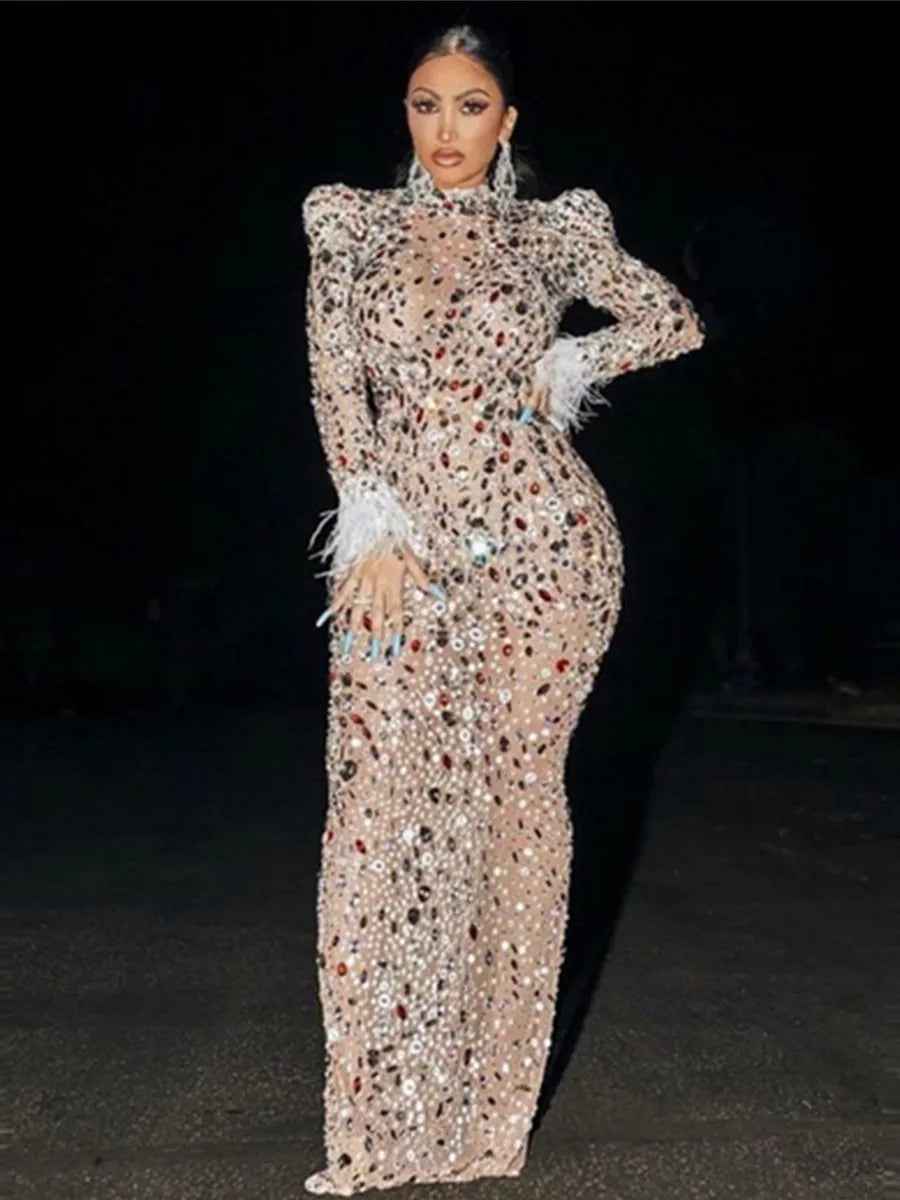 Long-Sleeved Sparkling Rhinestone Long Dress Celebrates Birthday Luxurious Party Dress Wedding Dress Formal Party Dress