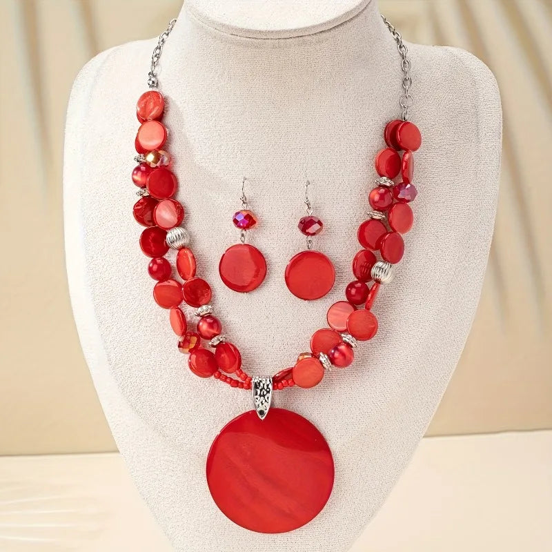 3PCS Bohemian Ethnic Style Exaggerated Personality Red Round Pendant Earring Necklace Women's Holiday Party Accessories