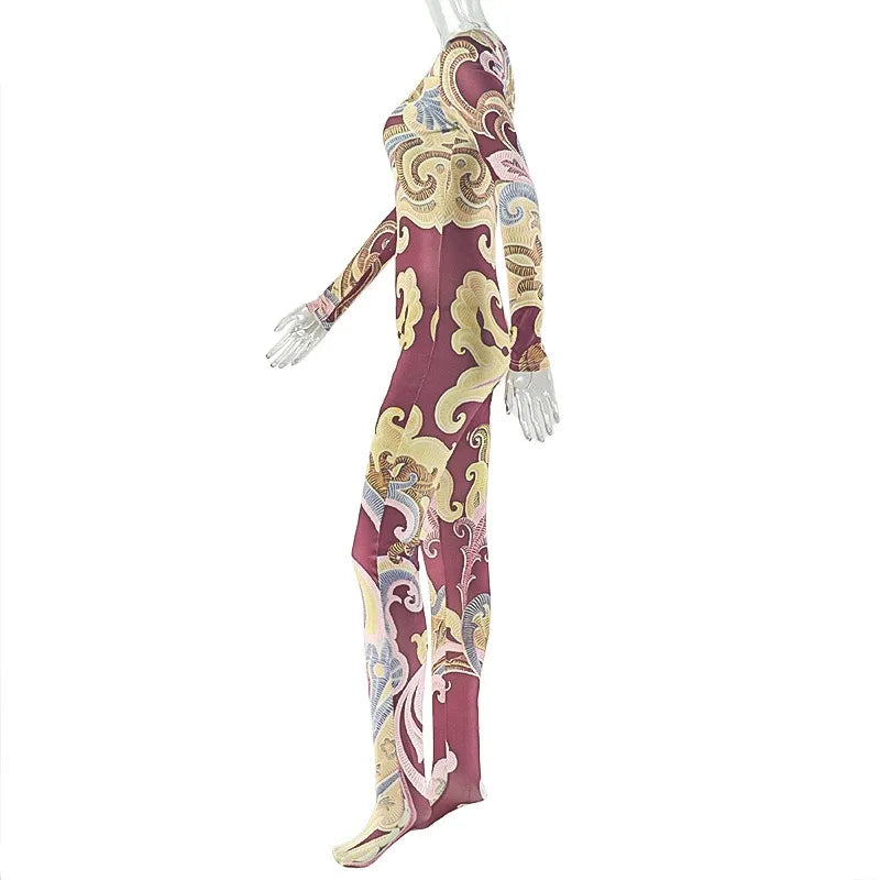 Women’s Paintings Print O-Neck Long Sleeve Zipper Jumpsuits