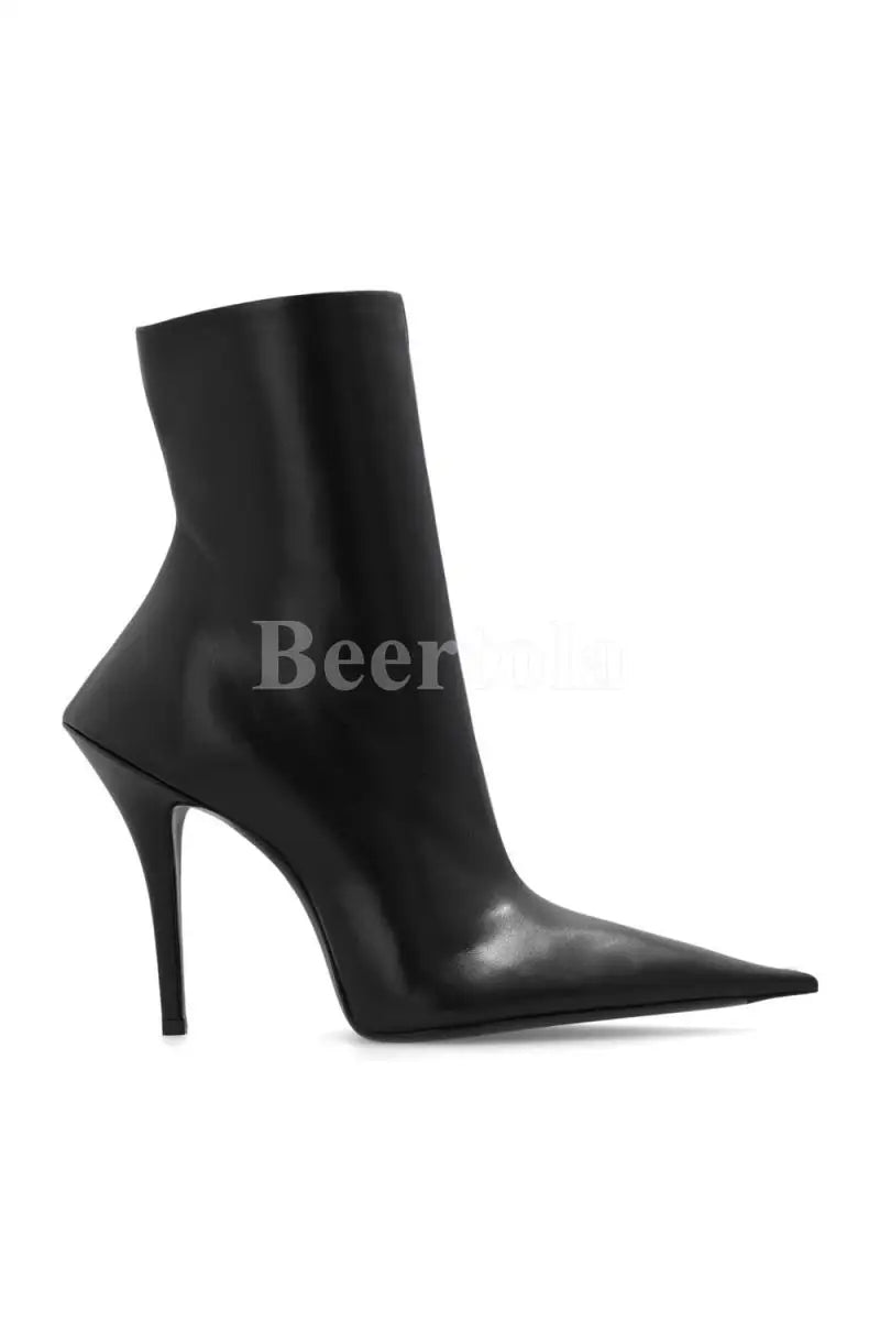 Black Leather Pointed Toe Ankle Boots Woman High Heels Stiletto Side Shaped Zipper Knee-High Boots Lady Sexy Boots
