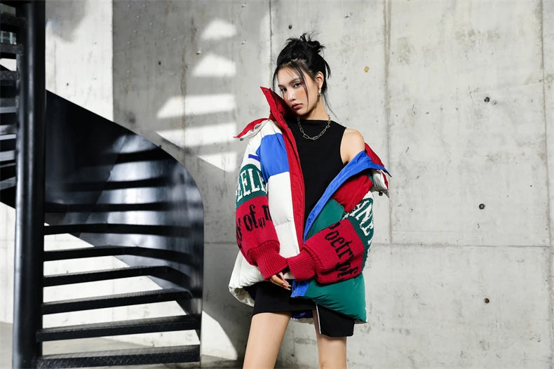 Streetwear Letter Stitching Fashion Down Jacket Women's New Hooded Parka Loose Winter Down Coat Female Thick Casual Warm Clothes
