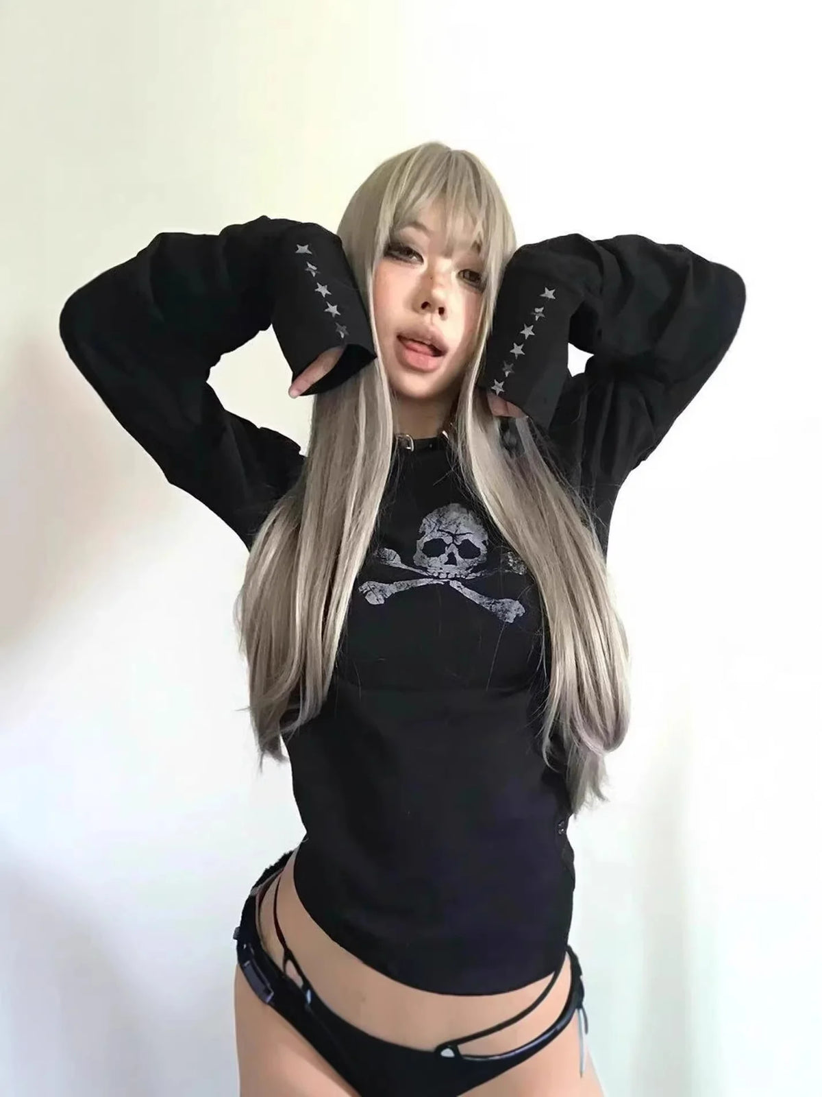 Retro Dark Style Long Sleeve T-Shirt round Neck Skull Print Decorated Buttons Spice Girl Theme American Fashion 2026 New