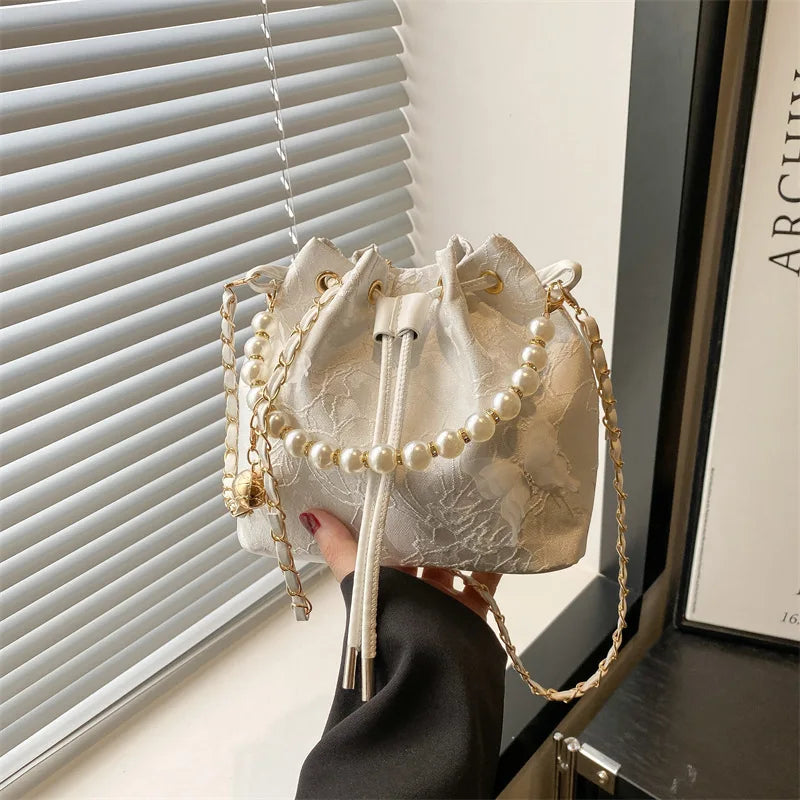 Sweet Butterfly Women Drawstring Bucket Shoulder Bags Versatile Ladies Crossbody Bag Clutch Fashion Girls Pearl Chain Handbags