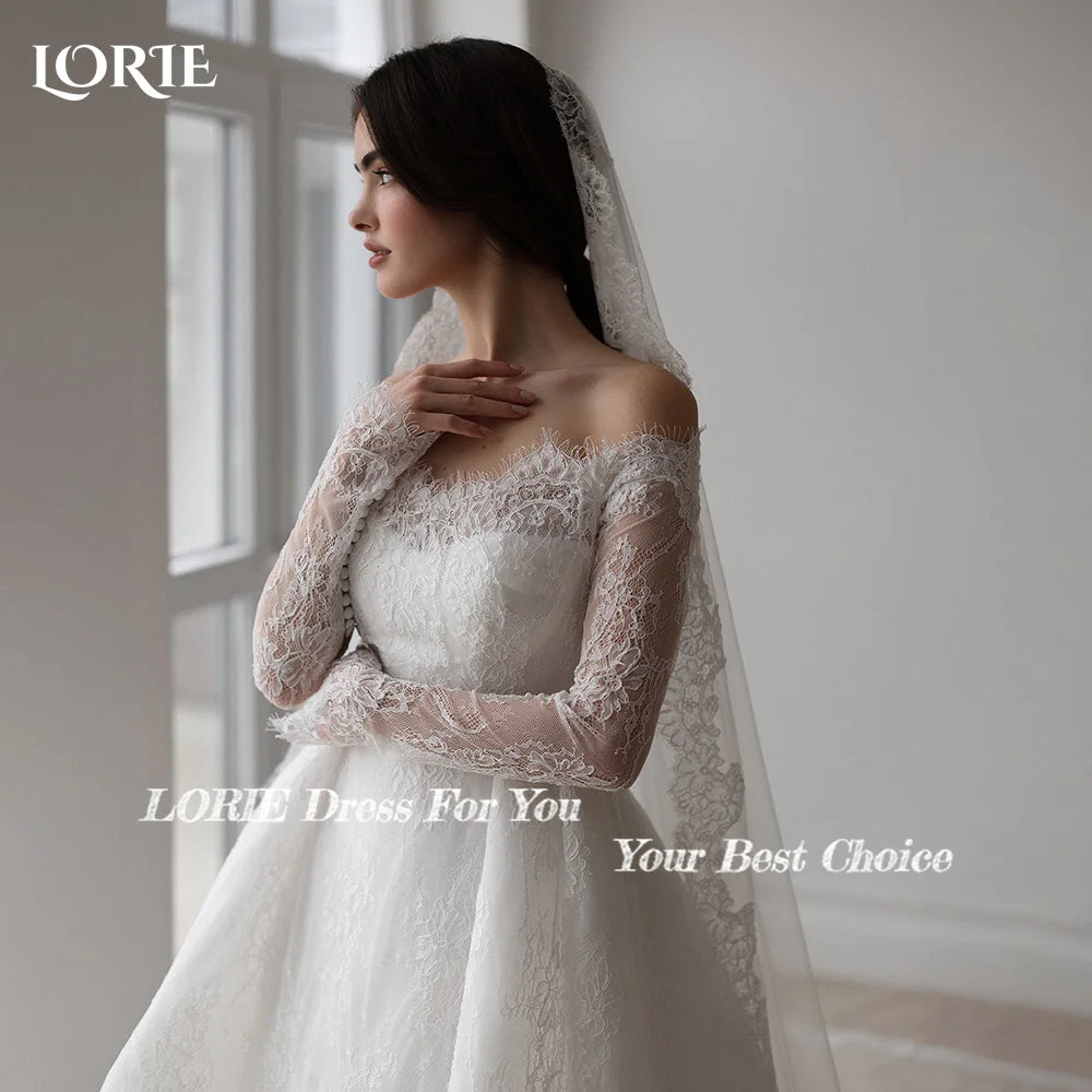 LORIE Boho Wedding Dress Off Shoulder Long Sleeve Lace Beach Princess Button Bridal GownCustomized A-Line Bohemian Bride Dresses