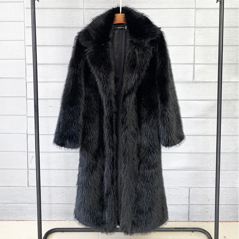 Women's Autumn Winter Long Maxi Faux Fur Coat Notched Lapel Collar Oversized Long Sleeve Pockets Thick Lady Warm Winter Overcoat