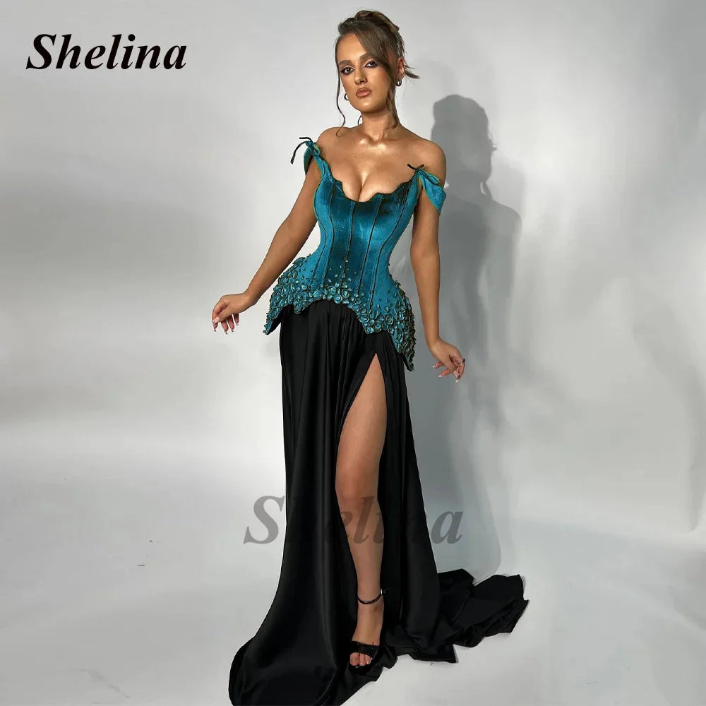 Shelina Stylish Satin Prom Dresses for Women A-line Off the Shoulder High Slit Scalloped Neck Robes De Soiree Customized