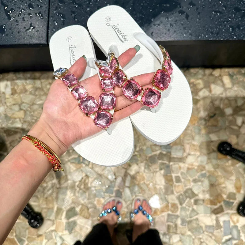 Square Rhinestone Flip-Flops Popular in Ins Summer Blingbling Star Street Shooting Slope Heel Slippers Women Flat Beach Slippers