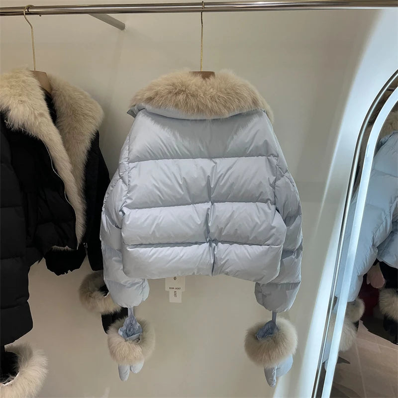 2026 Premium Women Winter Down Jacket White Goose Down Genuine Fox Fur Collar Thick Warm Luxury Coat with Matching Glove