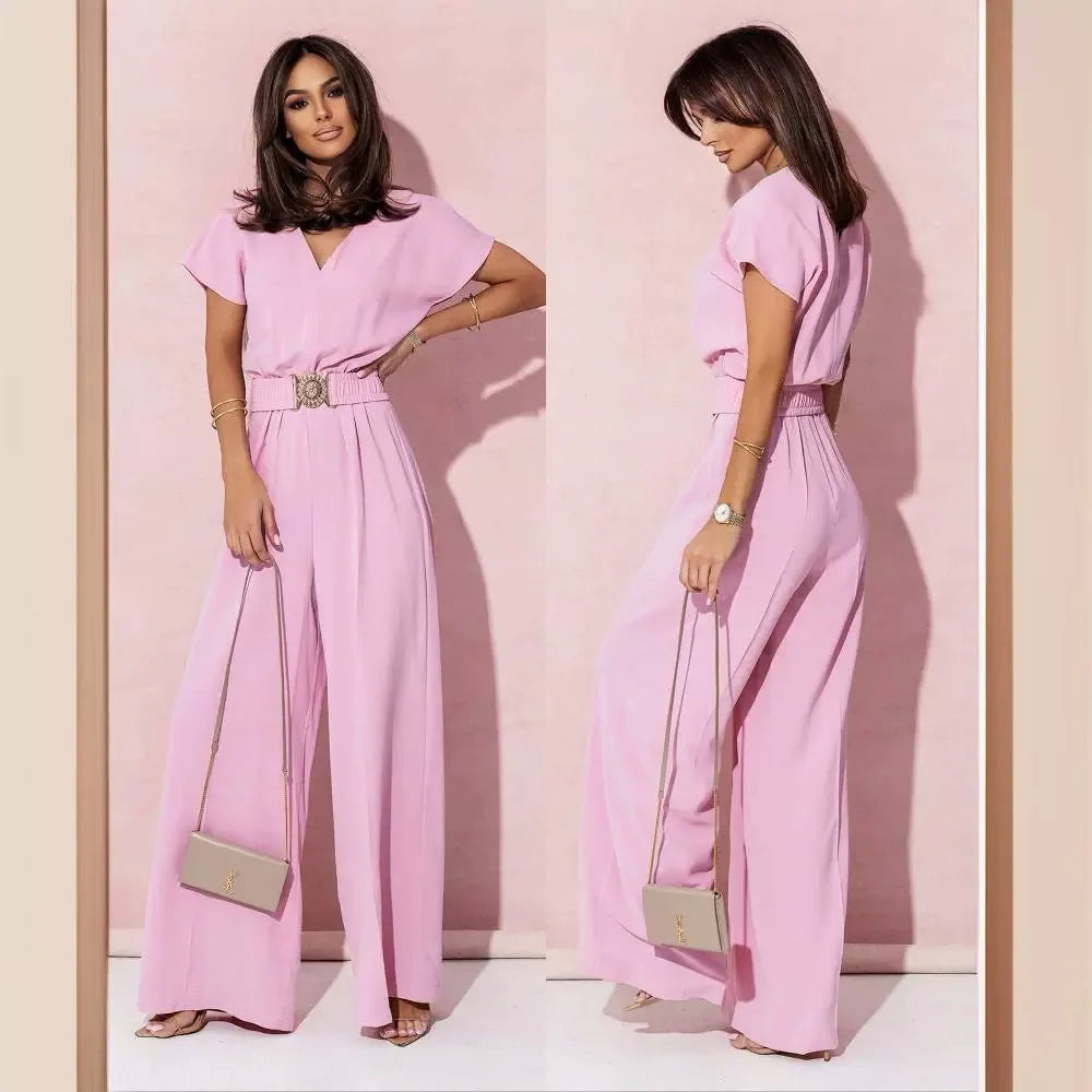 Fashion V-neck Short Sleeve High Waist Jumpsuit Women 2026 Summer Solid Wide Leg Elegant Romper Vintage Jumpsuits Overalls Women