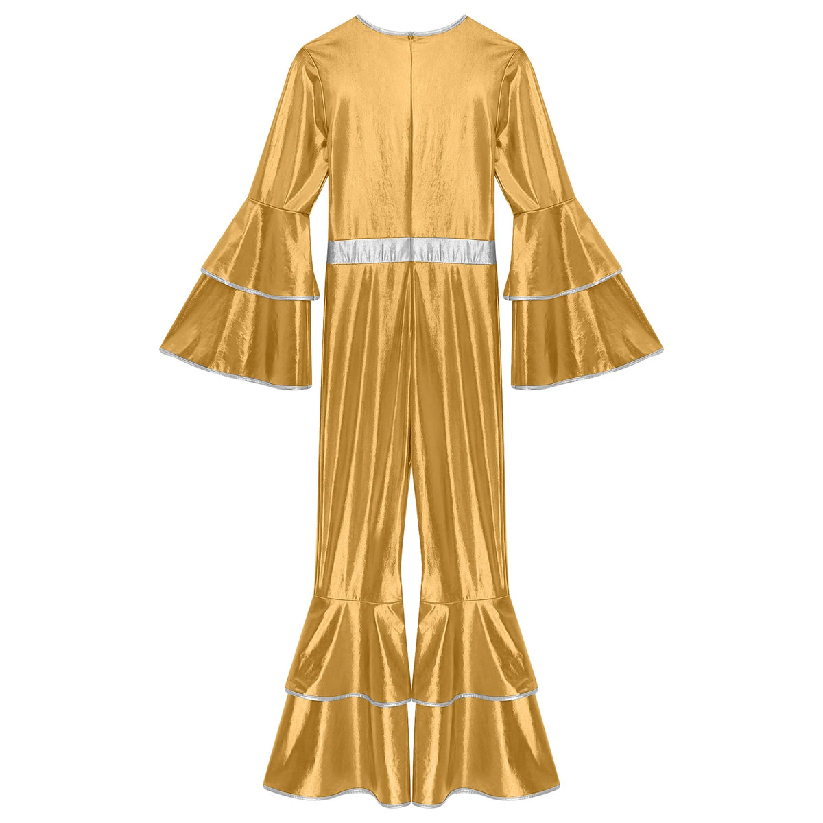 Womens 70S Disco Vintage Jumpsuit Metallic Shiny Flare Sleeve Bodysuit Hippie Bell Bottom Jazz Dance Carnival Rave Party Costume