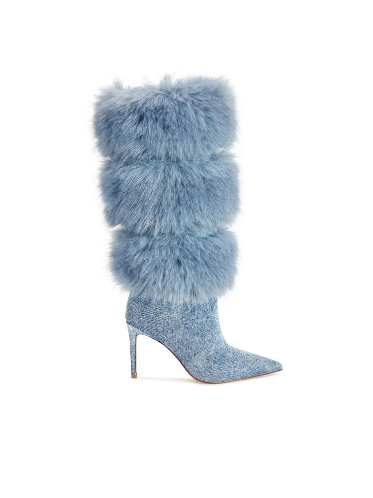 2026 Women Upsetter Sky Blue Furry Knee High Boots Soft Warm Plush Stiletto Heel Tall Boots Elegant Fall Winter Long Dress Heel