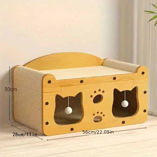 2-in-1 Cat Scratcher & Cozy Bed - Durable Cardboard Lounge Bed with Hanging Toys