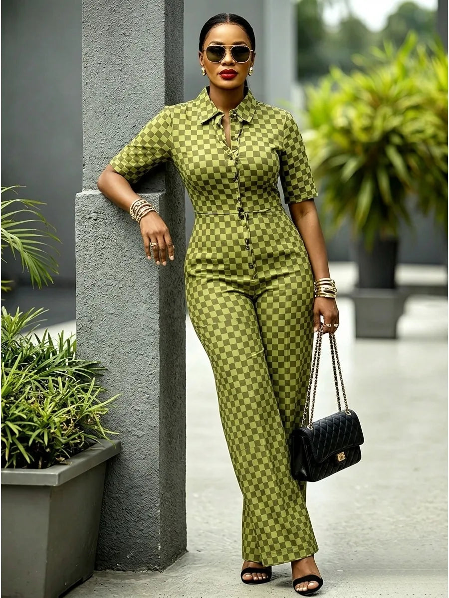 Modigirl Women Checkerboard Print Jumpsuit Lapel Collar Short Sleeve High Waist Wide Leg Rompers Casual Streetwear Jumpsuits