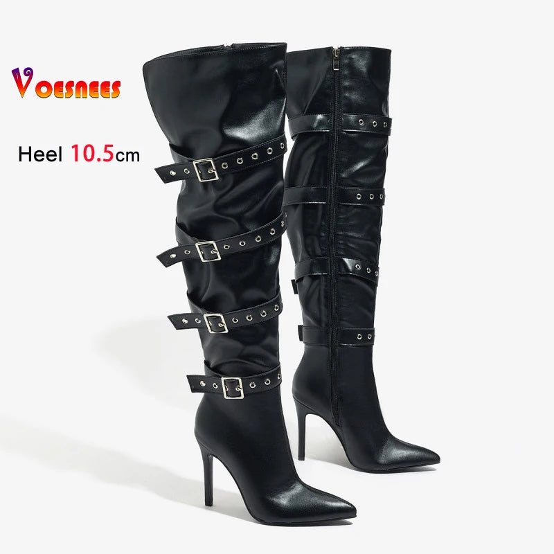 Fashion Belt Buckle Sexy Pointy Toe Over-the-knee Boots Women 10.5CM Stiletto Heels Black Thigh-high Nightclub Club knight Shoes