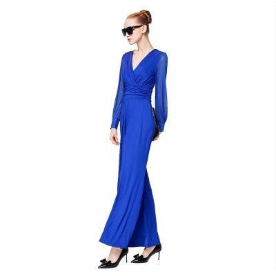 Fashion Women Long Sleeve Sexy V Neck Wide Leg Rompers Belted High Waist Jumpsuits Long Office Ladies Outfits Jumpsuit Colors