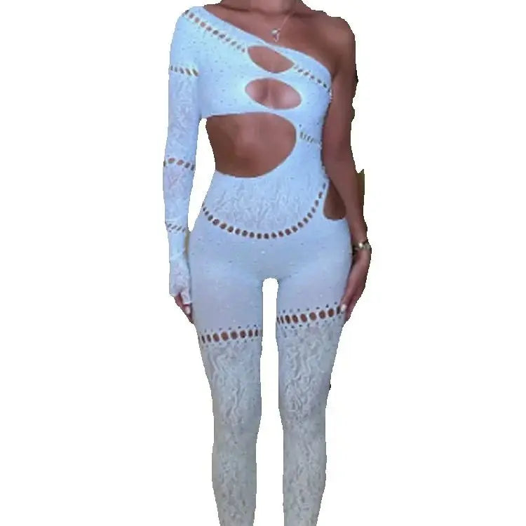 Whatiwear Rhinestones Patchwork Jumpsuit Women Sexy Hollow Skew Collar Single Sleeve Hottie Midnight Club Party Coquett Overalls