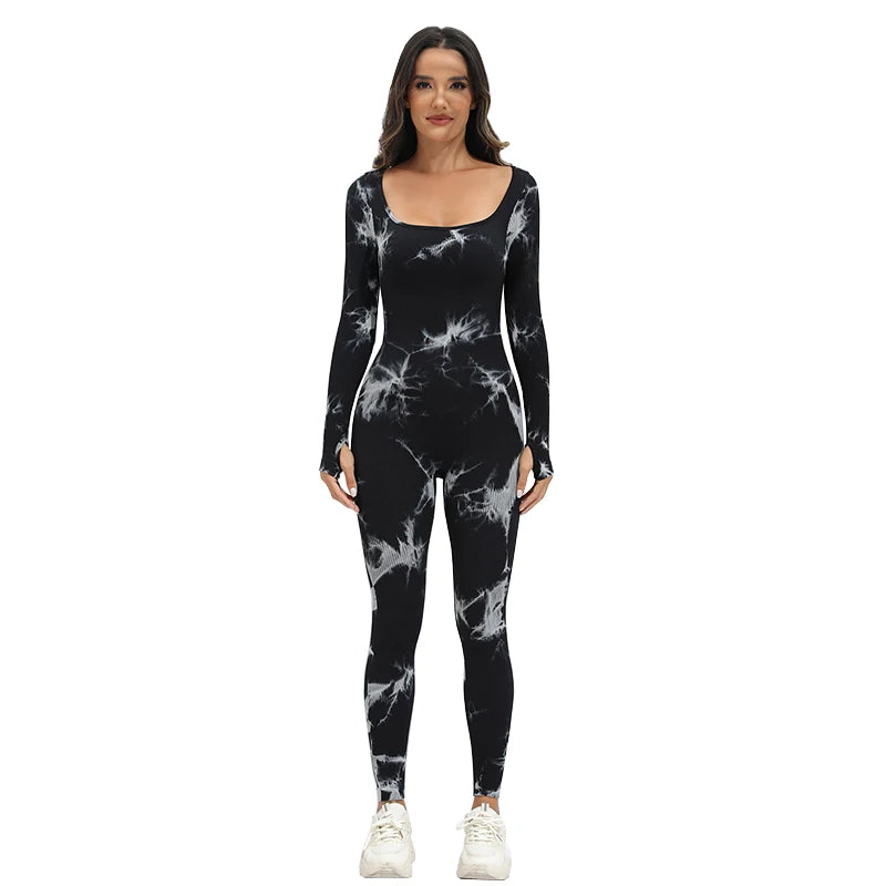 Ribbed Long Sleeve Sport Jumpsuits Women Tie Dye Yoga Jumpsuits Workout Bodycon Seamless Ribbed Yoga Workout Jumpsuit Romper