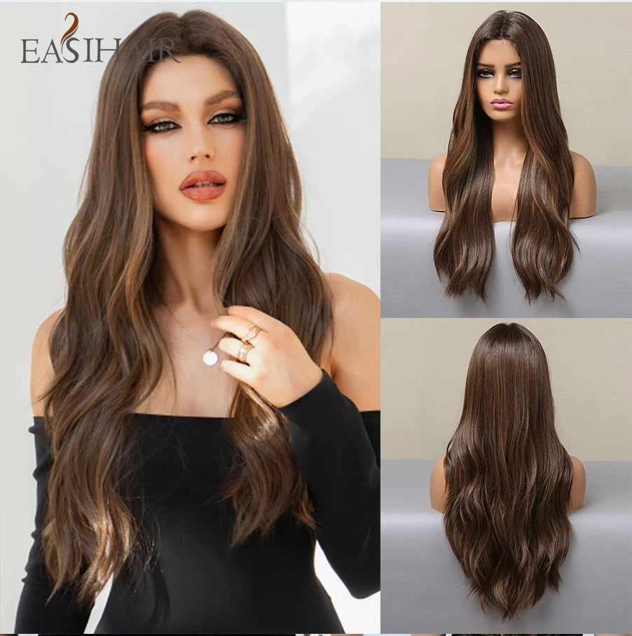 13*6 Lace Front Synthetic Wigs for Black Women Brown Copper 26 Inches Long Wavy Curly Wigs With Baby Hair Natural Hairline Wigs