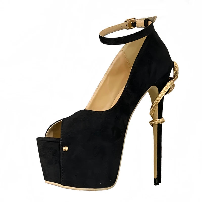 Liyke Sexy Metal Snake Shape Thin Heeled Sandals Women Peep Toe Buckle Strap Platform High Heels Party Stripper Shoes Size 35-42