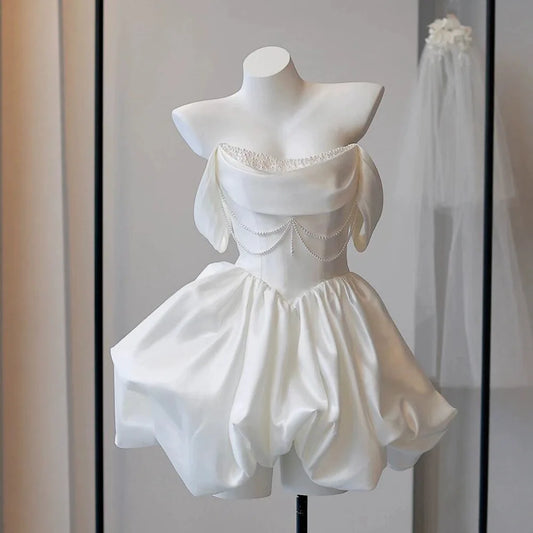 Korea Mini Short Wedding Party Dresses Wedding Photoshoot Strapless Beaded Taffeta Bolero Bride Gowns Corset Back Customized