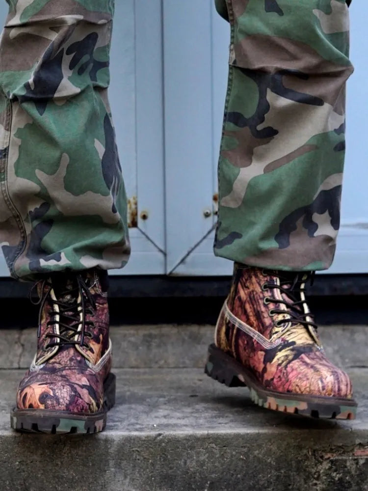 Youth Male Genuine Leather Platform Cross Tied Fashion Boots Mixed Color Cowhide Round Toe Hard Wearing High Top Footwear