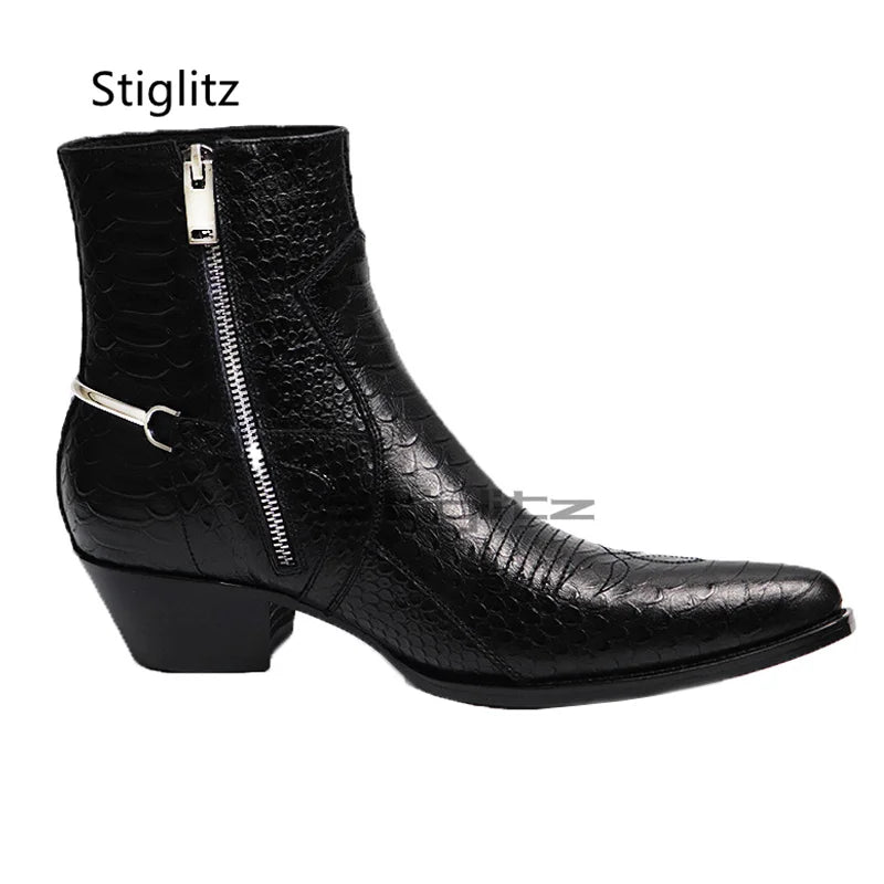 Genuine Leather Embroidery Men's Boots Pointy Chelsea Boots Snakeskin Metal Decor Chunky Heeled Ankle Boots Party Male Shoes