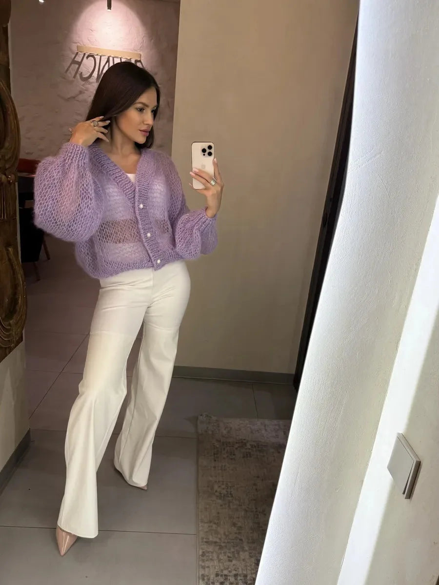 Women Knitting Cardigan 2026 New Women Mohair Knit Cardigan Hollow Out Sheer Long Sleeve Casual Knitted Outerwear Sweater