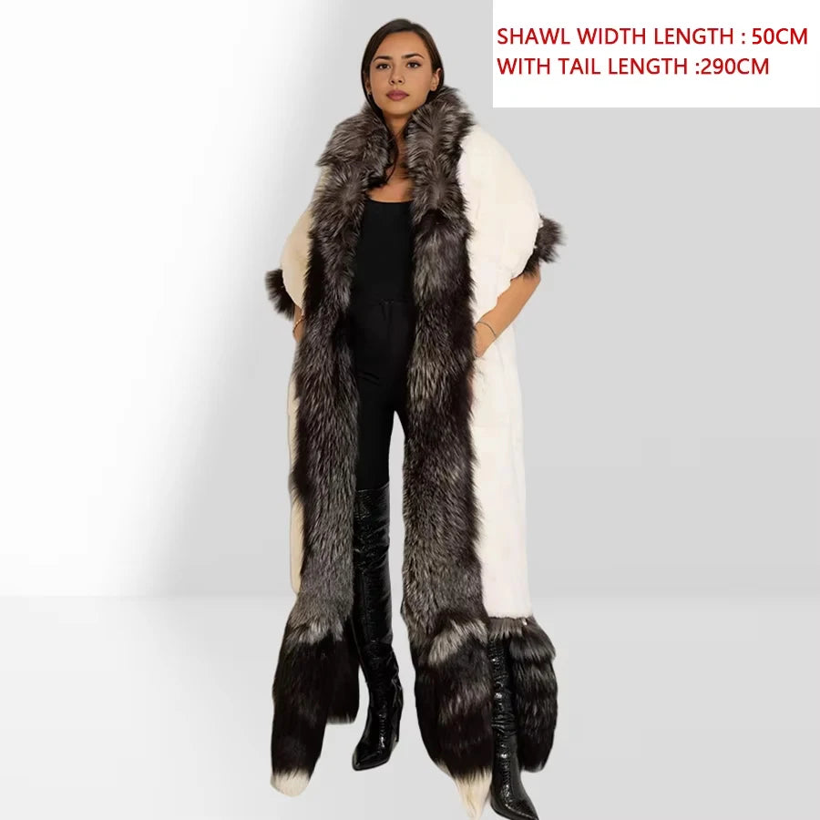 Unisex Double Face Silver Fox & White Rex Boa-Cape With Tails Real Fur Scarf Long Hot Selling Warm Natural Fur Scarf