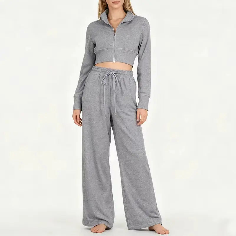 Streetwear Cool Cropped Zip Up Sweatshirt Two-Piece Set for Women Sport Tops with Elastic Waist Drawstring Wide-Leg Pants Suit