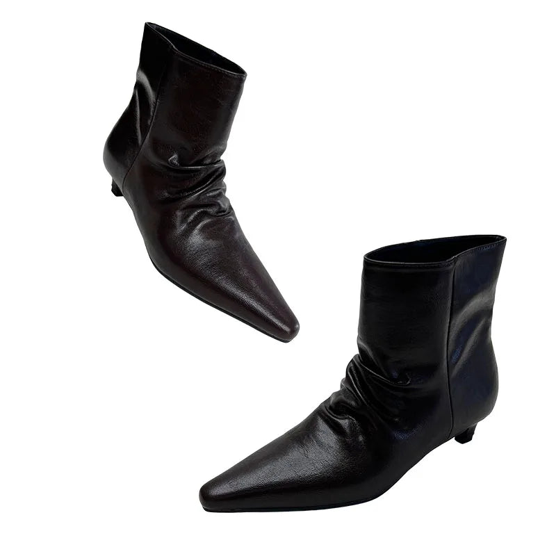 AIYUQI 2026 Women Pointed Toe Ankle Boots Vintage Ruched Kitten Heel Short Boots Elegant Slip On Dress Booties for Daily Party