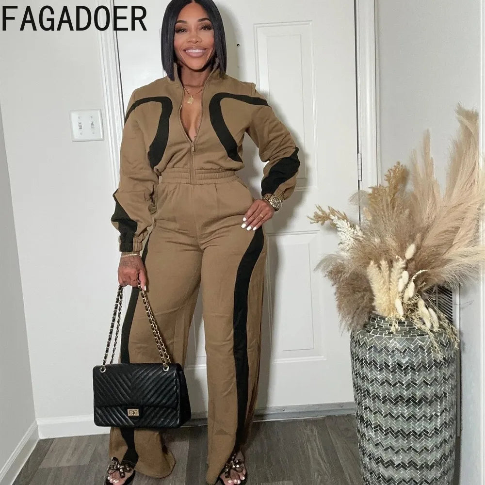FAGADOER Autumn New Fashion Sports Bodycon Jumpsuits for Women Color Block Zipper Patchwork Rompers Female Streetwear Overalls