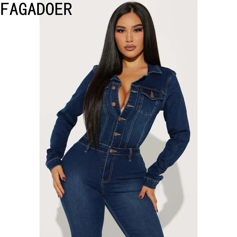 FAGADOER Fashion Denim Elastic Flared Pants Jumpsuits Women Turndown Collar Button Long Sleeve Playsuits Female Cowboy Overalls
