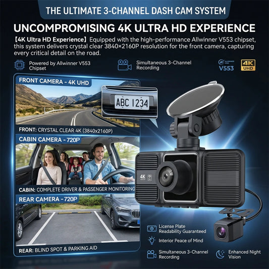 4K Dash Cam 3 Lens Driving Recorder WiFi Car DVR Front Inside Rear Triple Camera 2160P UHD Video Recorder 24H Parking Monitor