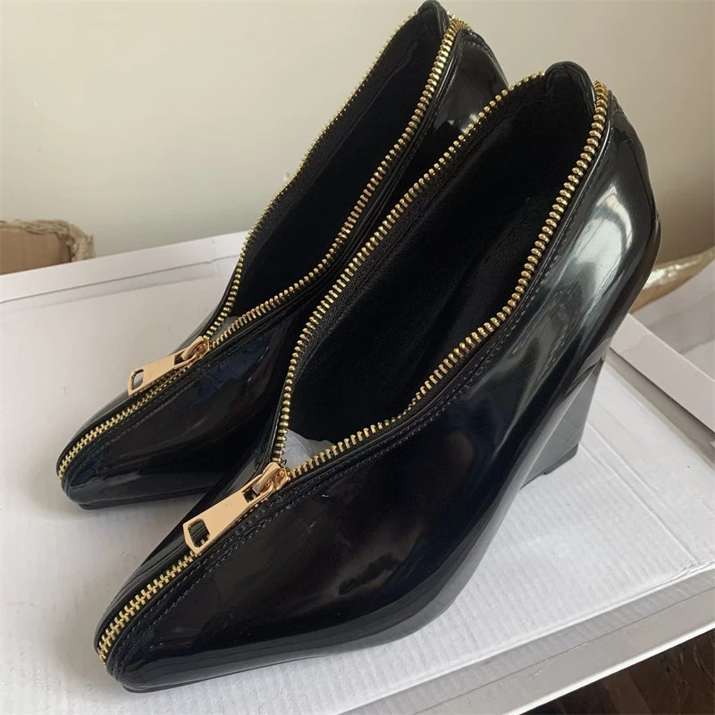 Sexy Women's Wedge High Heels Pumps Shoes Sexy Zipper Black Red White Wedges Heeled Large Size Office Party Wedding Shoes Ladies